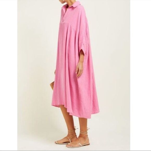 RHODE Crinkle Cotton Pink Oversized Midi Dress - Picture 11 of 12